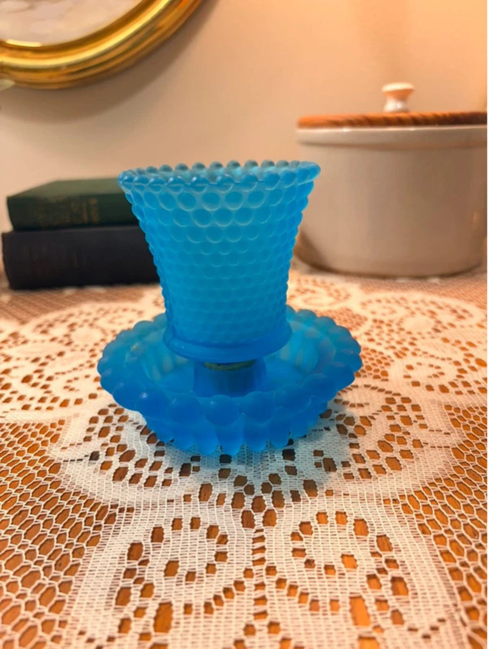 Vintage Blue Frosted Hobnail Glass Peg Votive Candle Holder With Base
